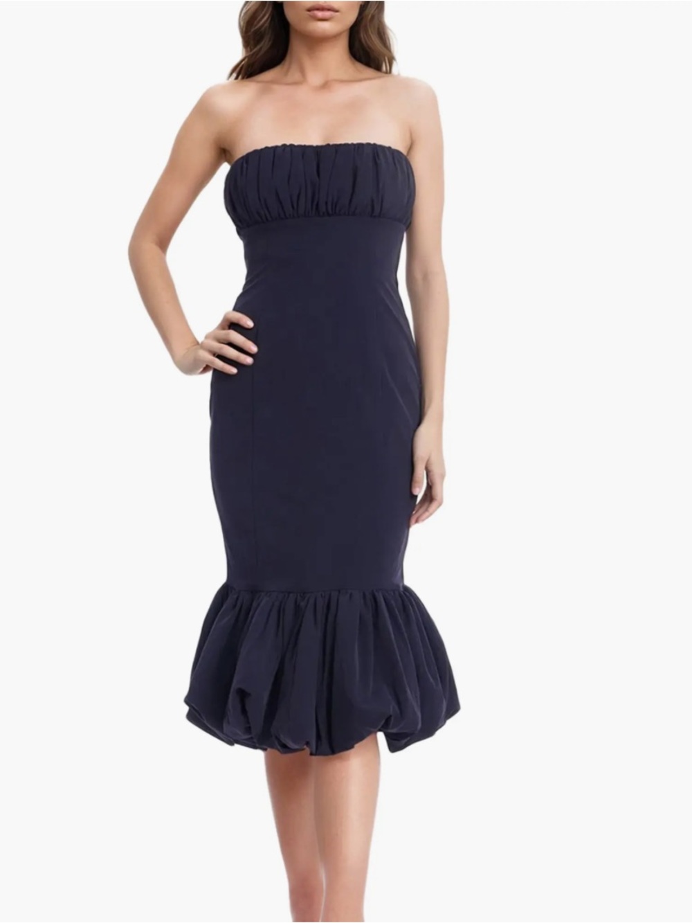 Jewel Badgley Mischka Strapless Navy Ruched Bodice Bubble-Hem Dress